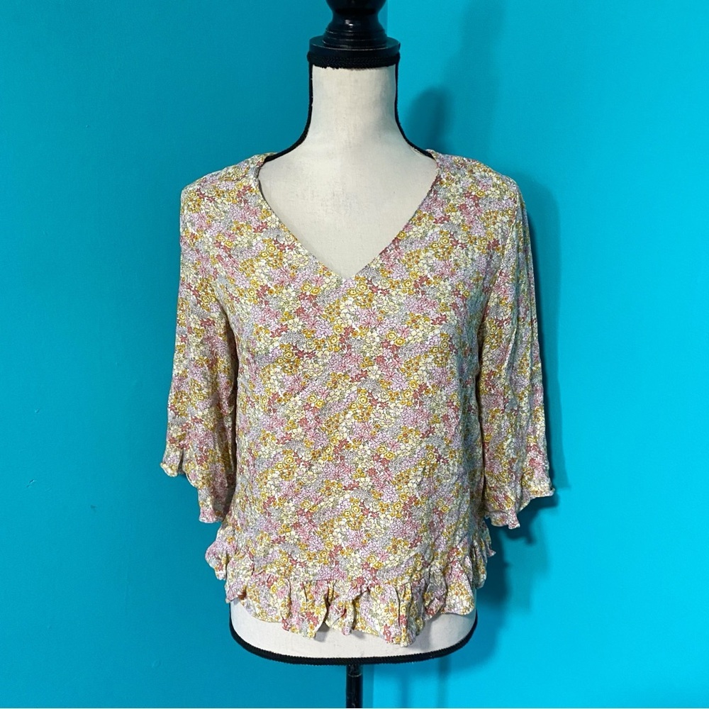 NWT Rachel Zoe XS Yellow Orange Pink Floral Print Ruffle Hem Boho Blouse